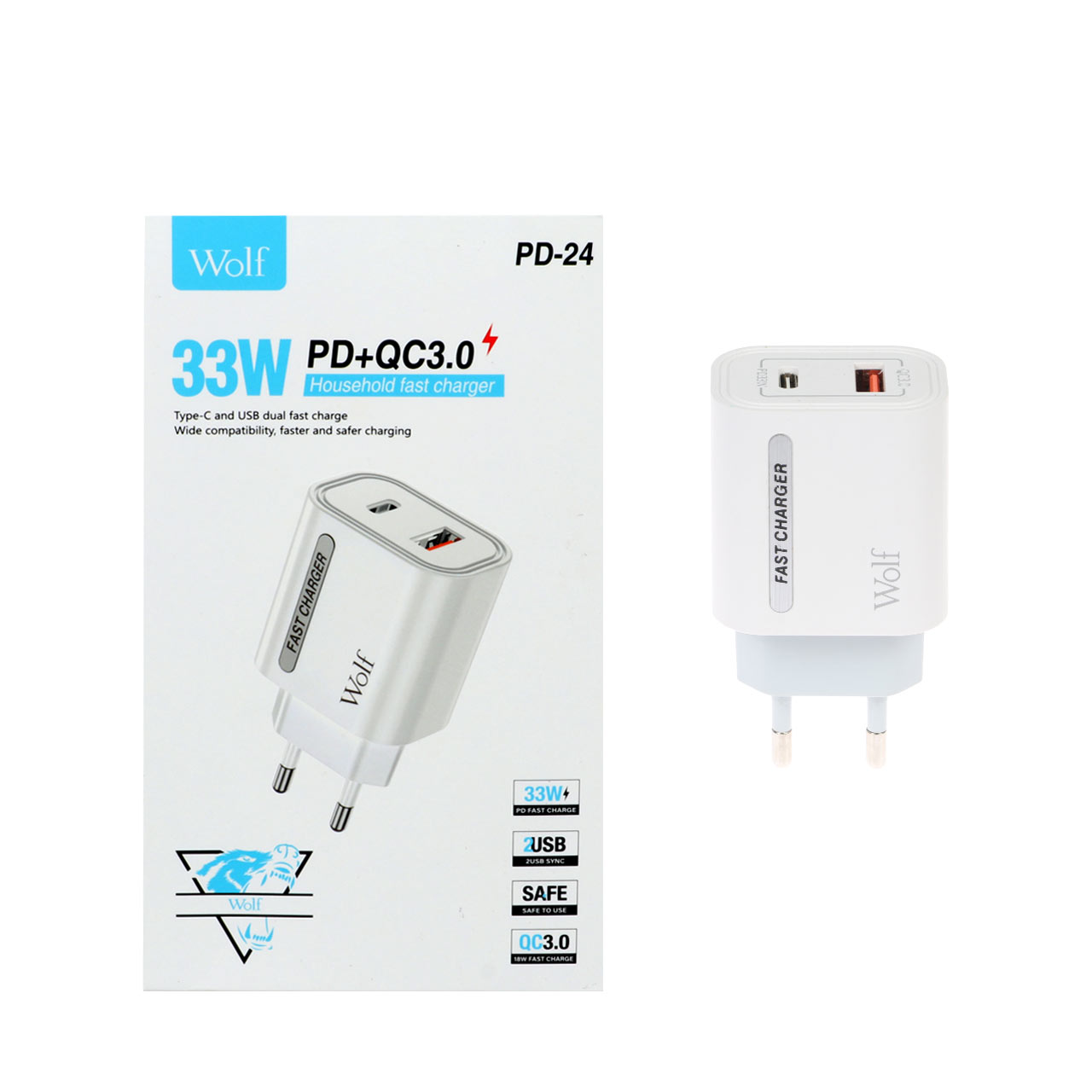 شارژر دیواری فست و PD دو پورت Wolf مدل PD-24 33W - سفید